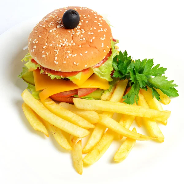 Hamburger with   potato fries — Stock Photo, Image