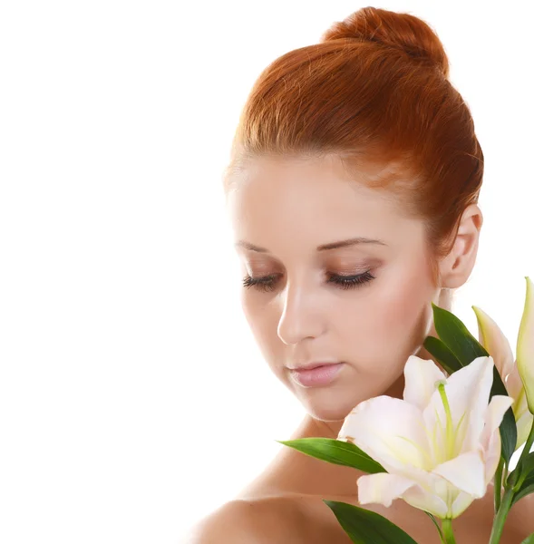 Girl with pink lilies Stock Photo