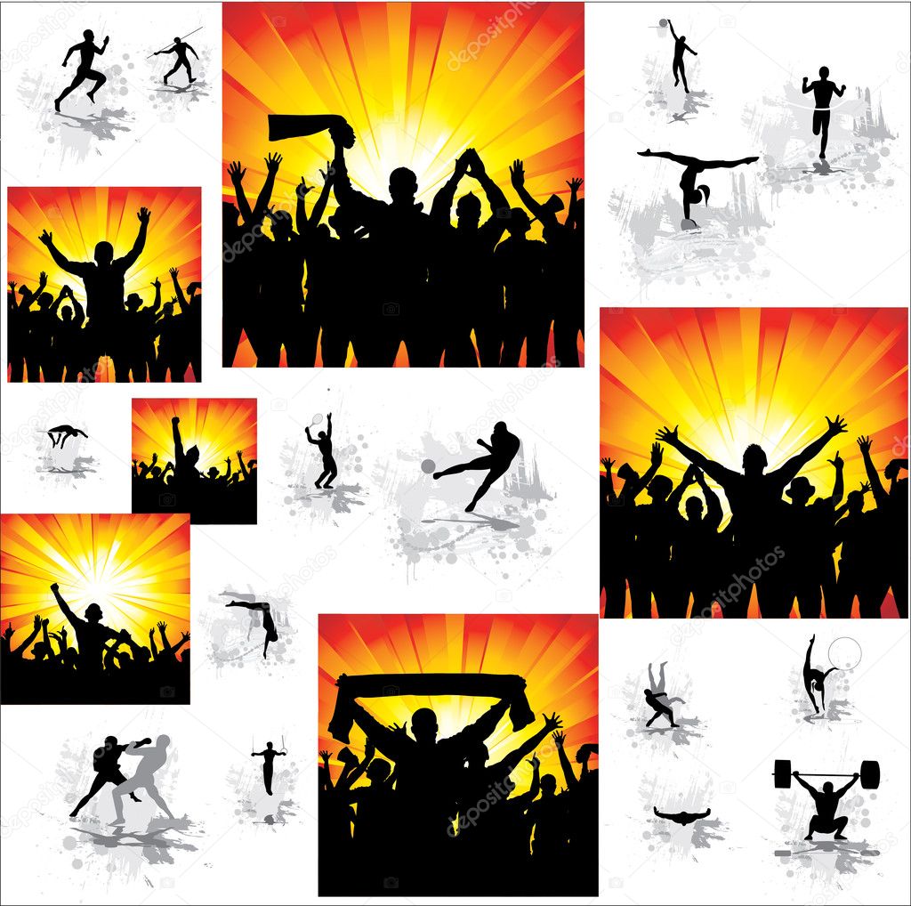 Set. Icons for sports championships and banners from happy fans .