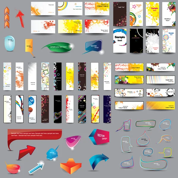 Mix koleksiyonu dikey ve yatay kartları, üstbilgileri, kabarcıklar konuşma ve farklı konularda web tasarım öğeleri.