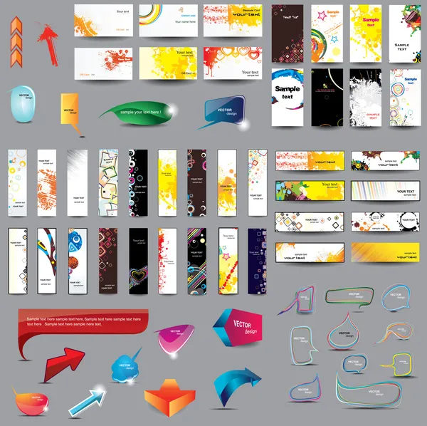 Mix-Sammlung vertikaler und horizontaler Karten, Header, Sprechblasen und Elemente für Webdesign zu verschiedenen Themen. Vektorgrafiken