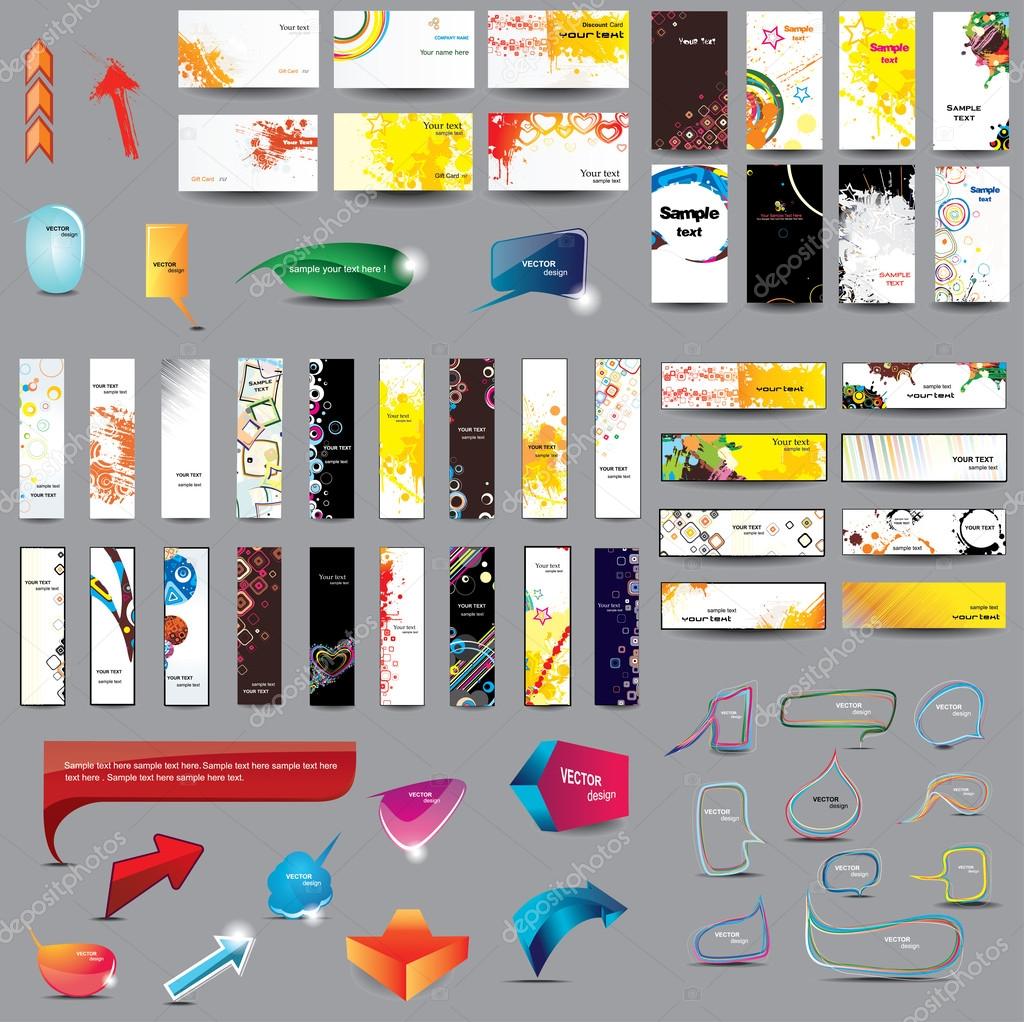 Mix Collection vertical and horizontal cards, headers ,bubbles for speech and elements for web design on different topics.