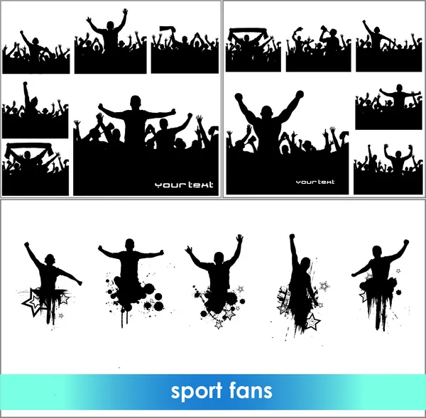 Conjunto de poses de aficionados para campeonatos deportivos y conciertos de música. Niños y niñas — Archivo Imágenes Vectoriales
