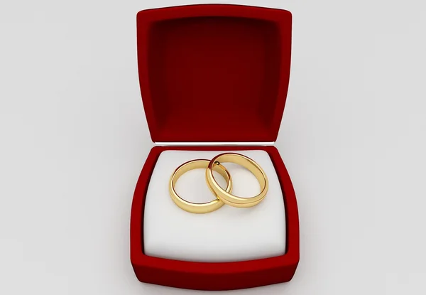 Свадебные кольца в коробке среди переднего вида, 3D рендеринг — стоковое фото