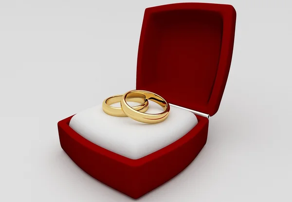 Свадебные кольца в коробке среди видов с боком, 3D рендеринг — стоковое фото