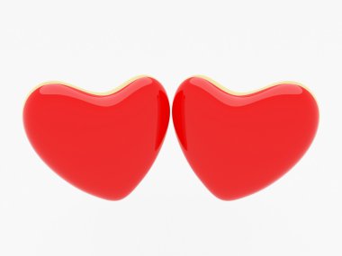 A pair of large red hearts with gold border, 3d render.