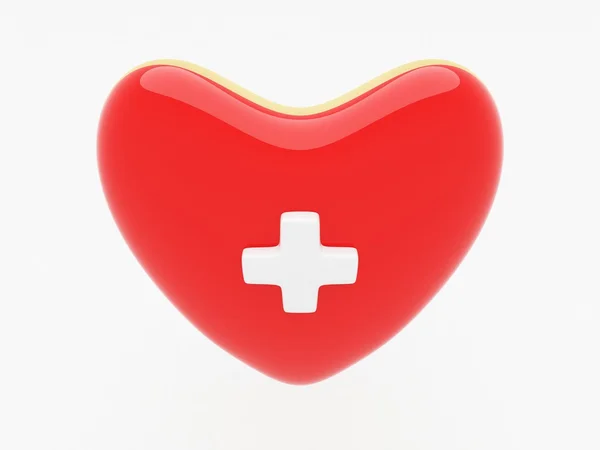 Stort rött hjärta med ett vitt kors, 3d render. — Stockfoto