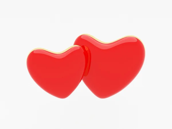 Par röda hjärtan med guld kant, 3d render. — Stockfoto