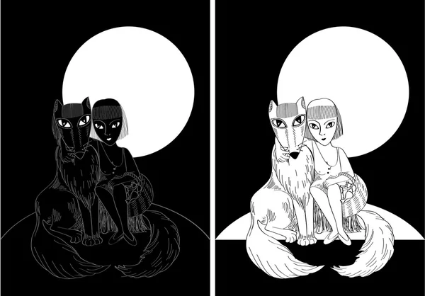Deux loups - pleine lune — Image vectorielle