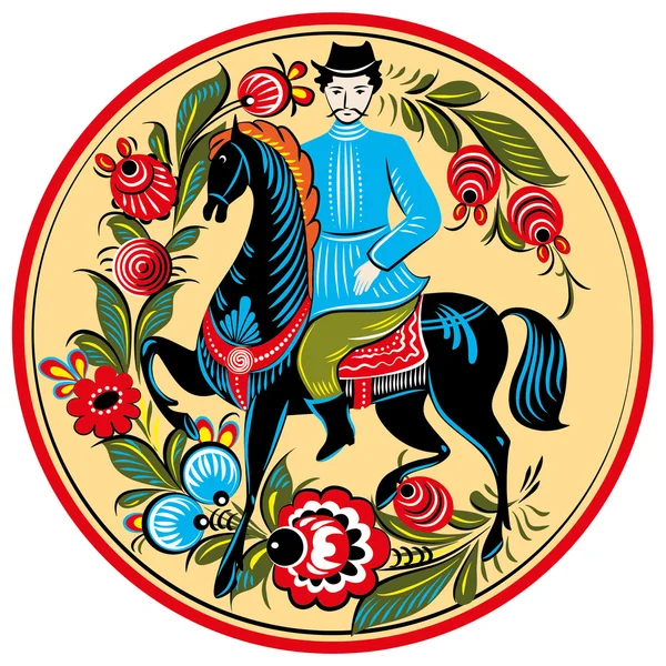 La pintura popular rusa - jinete a caballo — Vector de stock