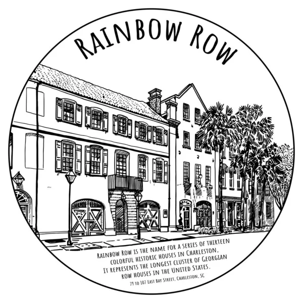 Zwart Wit Tekening Van Rainbow Row Serie Van Dertien Kleurrijke — Stockfoto