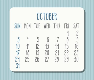 Ekim 2021 vektör aylık ışık takvimi. Beyaz çerçeve mavi çizgili arka plan üzerinde. Hafta pazar gününden itibaren başlıyor.