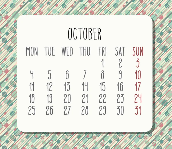 Octubre Año 2021 Vector Calendario Mensual Semana Partir Del Lunes — Archivo Imágenes Vectoriales