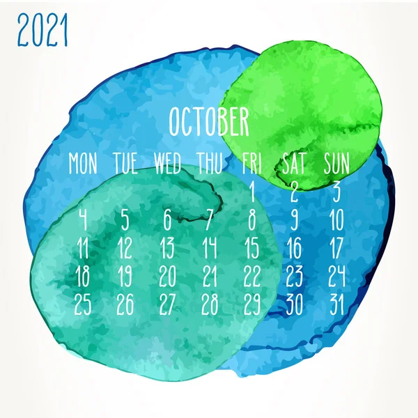 Octubre Año 2021 Vector Calendario Artístico Mensual Acuarela Dibujada Mano — Vector de stock