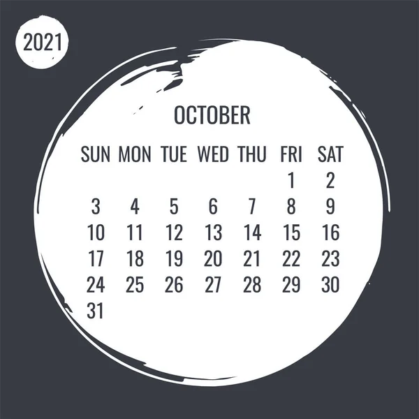 October Year 2021 Contemporary Vector Monthly Calendar Hand Drawn White — Stock Vector