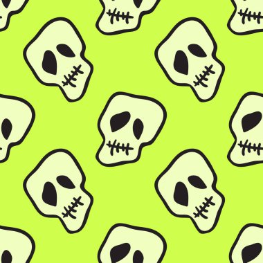 Vektör Cadılar Bayramı kafatasları kusursuz desen. Parti posteri için tasarım arka planı. El çizimi karikatür çizimi asit yeşili üzerinde izole.