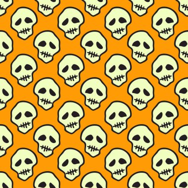 Vektör cadılar bayramı karalama kafatasları kusursuz desen. Parti posteri için tasarım arka planı. El çizimi karikatür çizimi. Turuncu üzerine izole nesneler.