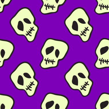 Vektör Cadılar Bayramı kafatasları kusursuz desen. Parti posteri için tasarım arka planı. El çizimi karikatür çizimi. Mor üzerine izole edilmiş nesneler.