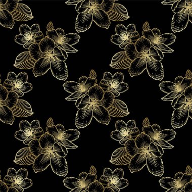 Güzel, altın sarısı, dikişsiz çiçek desenli, siyah üzerine elma çiçeği desenli. Doğanın botanik altın vektör arkaplan çizimi. Stok grafik tasarımı.