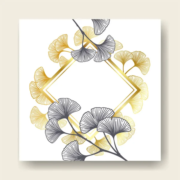Floral Botanical Golden Wedding Invitation Elegant Template Gold Monochrome Ginkgo — Stock Vector