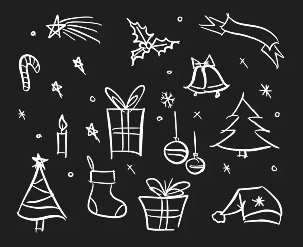 Zestaw Tradycyjnych Christmas Ręcznie Rysowane Wektorowe Elementy Doodle Kolorze Białym — Wektor stockowy