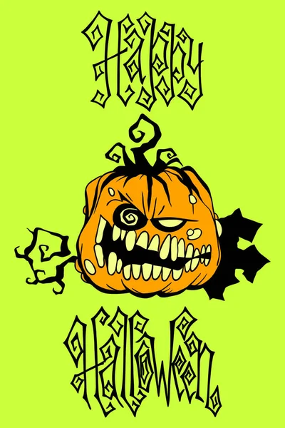 Abóbora Halloween Desenhada Mão Letras Assustadoras Modelo Design Celebração Cartão —  Vetores de Stock