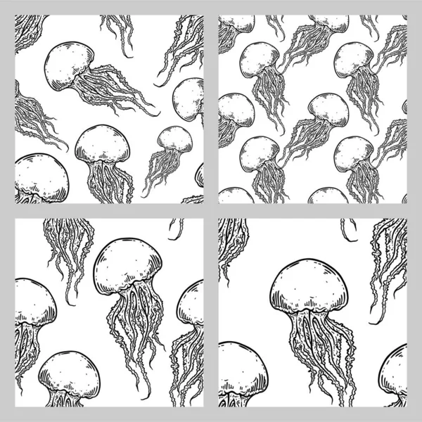 手描きクラゲベクトルシームレスパターンセット 黒と白の長い触手の背景イラストを持つメデューサ 海の自然水中生物 — ストックベクタ