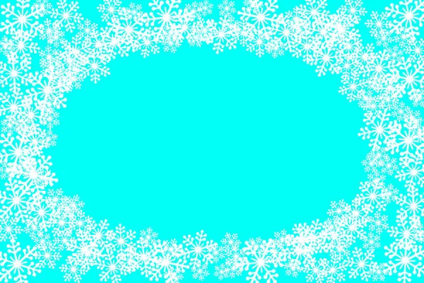 クリスマスの雪片空白の楕円形のフレームベクトルイラスト コピースペース付きグリーティングカードアクアブルー冬の背景 明けましておめでとうございます — ストックベクタ