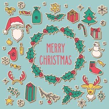 Noel 'de çizilmiş çelenk tebrik kartı. Noel Baba, ladin ağacı, ren geyiği, kardan adam, kar taneleri, hediyeler, süslemeler, kutsal mum, yıldızlar. Vektör kış tatili illüstrasyonu.