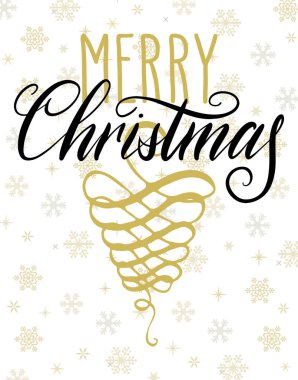 Elle yazılmış Noel selamları, kartpostallar için modern şenlik el yazısı harfleri. Arka planda altın kar taneleri. Tatil sezonu tasarımı, vektör illüstrasyonu.