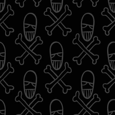 Vektör cadılar bayramı karalama kafatası ve kemiklerin kusursuz deseni. Parti posteri için tasarım arka planı. El çizimi karikatür çizimi koyu gri üzerine siyah.