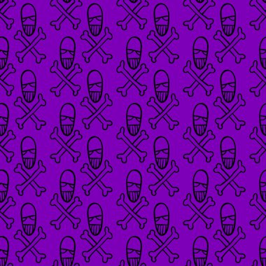 Vektör cadılar bayramı karalama kafatası ve kemiklerin kusursuz deseni. Parti posteri için tasarım arka planı. Mor üzerine siyah çizilmiş el çizimi karikatür çizimi.