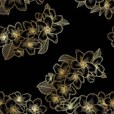 Güzel, altın sarısı, dikişsiz çiçek desenli, siyah üzerine elma çiçeği desenli. Doğanın botanik altın vektör arkaplan çizimi. Stok grafik tasarımı.
