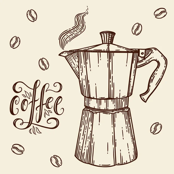 イタリアのコーヒーメーカーやモカ鍋 エスプレッソマシン モカエクスプレス 手描きベクトルレタリングイラストでヴィンテージエングレービングスタイル — ストックベクタ
