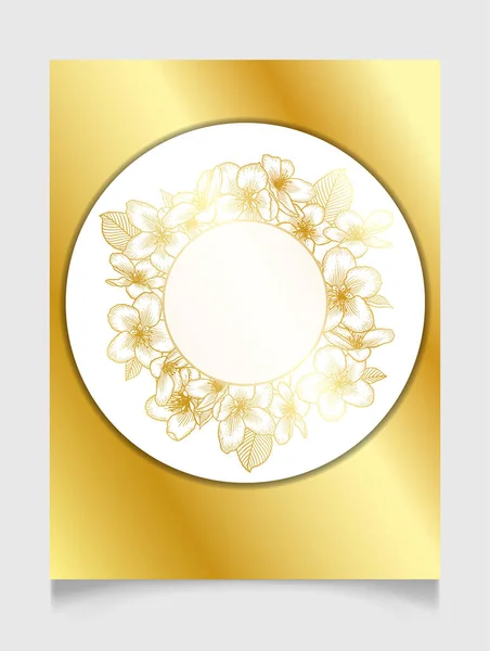 花卉植物婚礼请贴精美的卡片模板与苹果花 天然化妆品 女性产品的浪漫设计 金色和白色之间的矢量图解 — 图库矢量图片