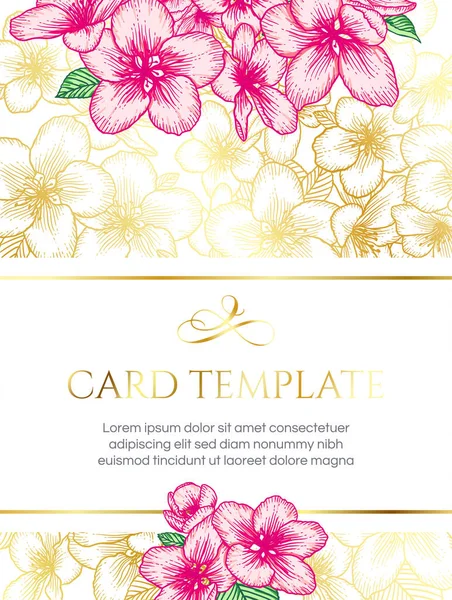 花の植物の結婚式の招待金とピンクのリンゴの花とエレガントなカードテンプレート グリーティングカード 天然化粧品 女性の製品のためのロマンチックなデザイン ベクターイラスト — ストックベクタ