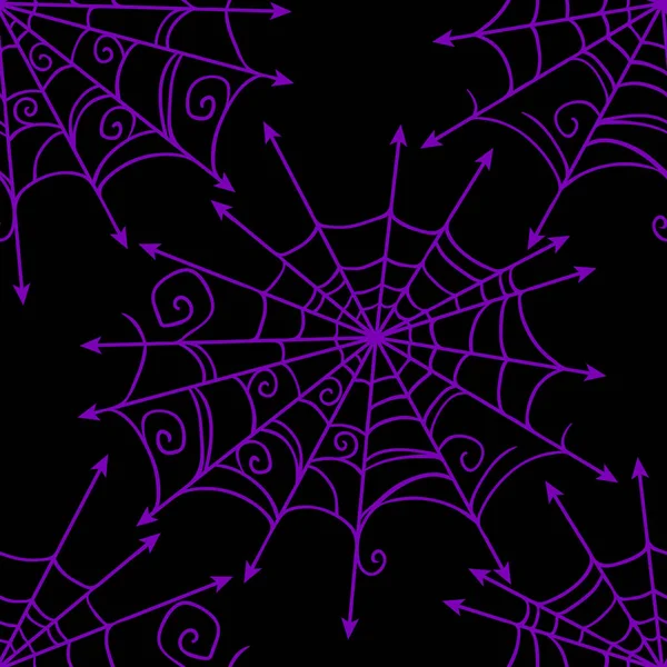 蜘蛛网病媒万圣节无缝图案 派对海报的设计背景 用紫色画过黑色的手绘漫画 — 图库矢量图片