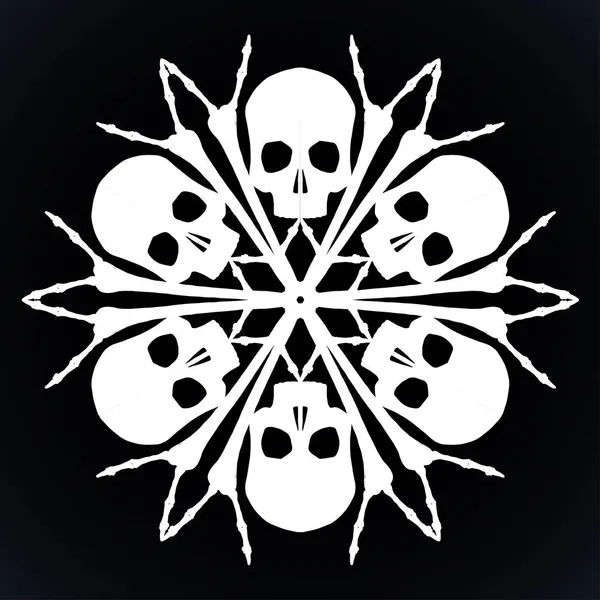 用骷髅和骨骼制成的矢量轮廓雪片 白色孤立在黑色背景之上 — 图库矢量图片