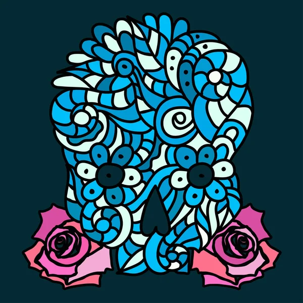 Jour Des Morts Halloween Gribouille Crâne Bleu Avec Des Roses — Image vectorielle