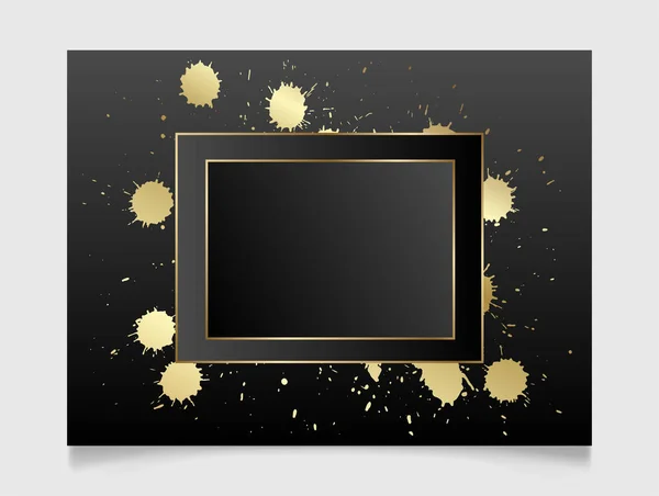 Golden Black Shiny Glowing Blank Frame Gold Paint Splatter Metal — Stock Vector