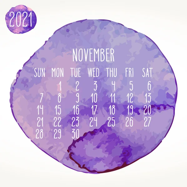 Noviembre Año 2021 Vector Calendario Artístico Mensual Acuarela Dibujada Mano — Vector de stock