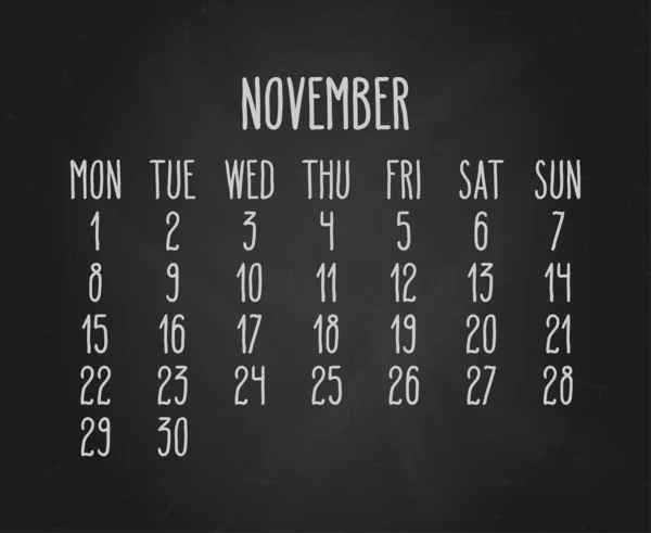 Handskriven Krita Vektor Kalender För November 2021 Över Svart Krita — Stock vektor