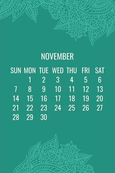 Listopad Rok 2021 Vektor Měsíční Kalendář Nad Krajkou Čmáranice Zdobené — Stockový vektor