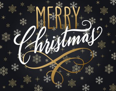 Elle yazılmış Noel selamları, kartpostallar için modern şenlik el yazısı harfleri. Beyaz ve altın, siyah kar tanelerinin üstünde. Tatil sezonu tasarımı, vektör illüstrasyonu.