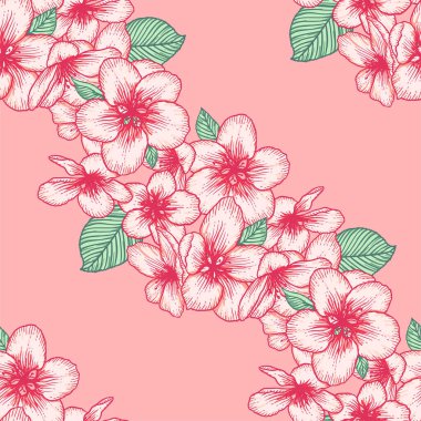 Elma çiçekli, kusursuz bir çiçek deseni. Doğanın botanik vektör arkaplan çizimi. Stok grafik tasarımı.