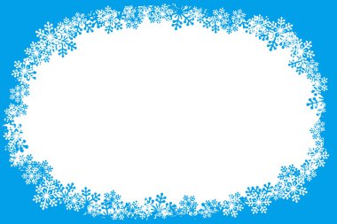Noel mavisi kar taneleri boş oval çerçeve çizimi çiziyor. Tebrik kartı beyaz kış arkaplanı ve fotokopi alanı. Mutlu yıllar..