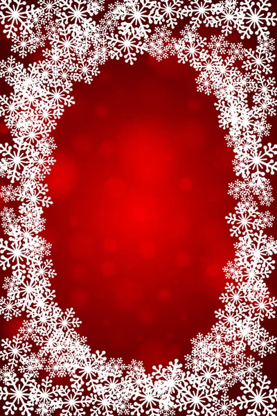ホワイトクリスマスの雪片空白の楕円形のフレームベクトルイラスト コピースペース付きグリーティングカード赤い冬の背景 明けましておめでとうございます — ストックベクタ
