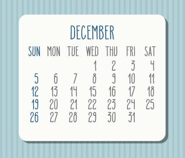 Aralık 2021 vektör aylık ışık takvimi. Beyaz çerçeve mavi çizgili arka plan üzerinde. Hafta pazar gününden itibaren başlıyor.