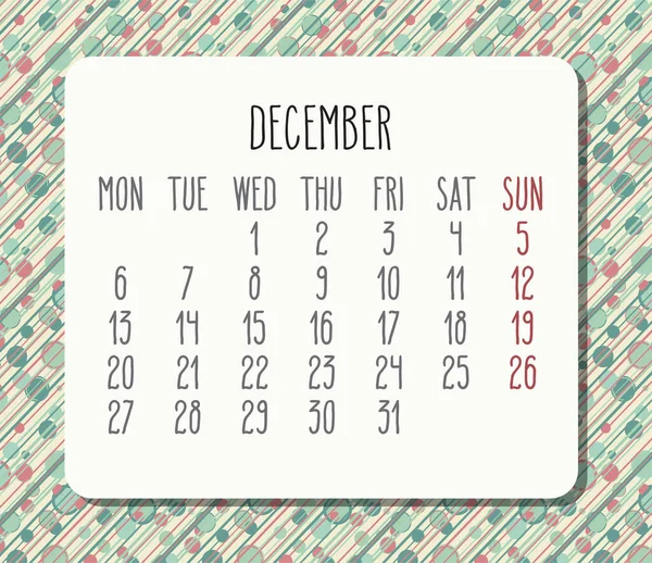 Diciembre Año 2021 Vector Calendario Mensual Semana Partir Del Lunes — Vector de stock