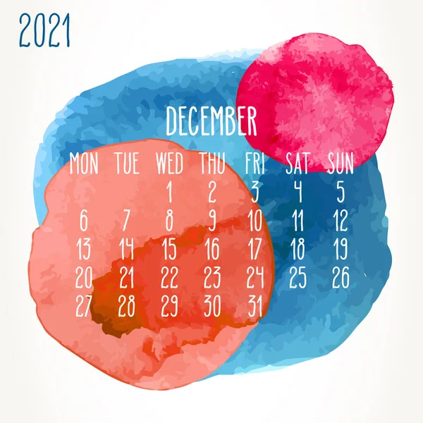 Грудень 2021 Векторний Щомісячний Художній Календар Рука Намальована Колом Акварельних — стоковий вектор
